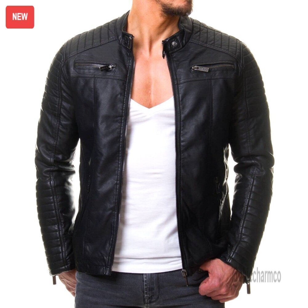 Vintage Lambskin Leather Biker Jacket with Multiple Pockets